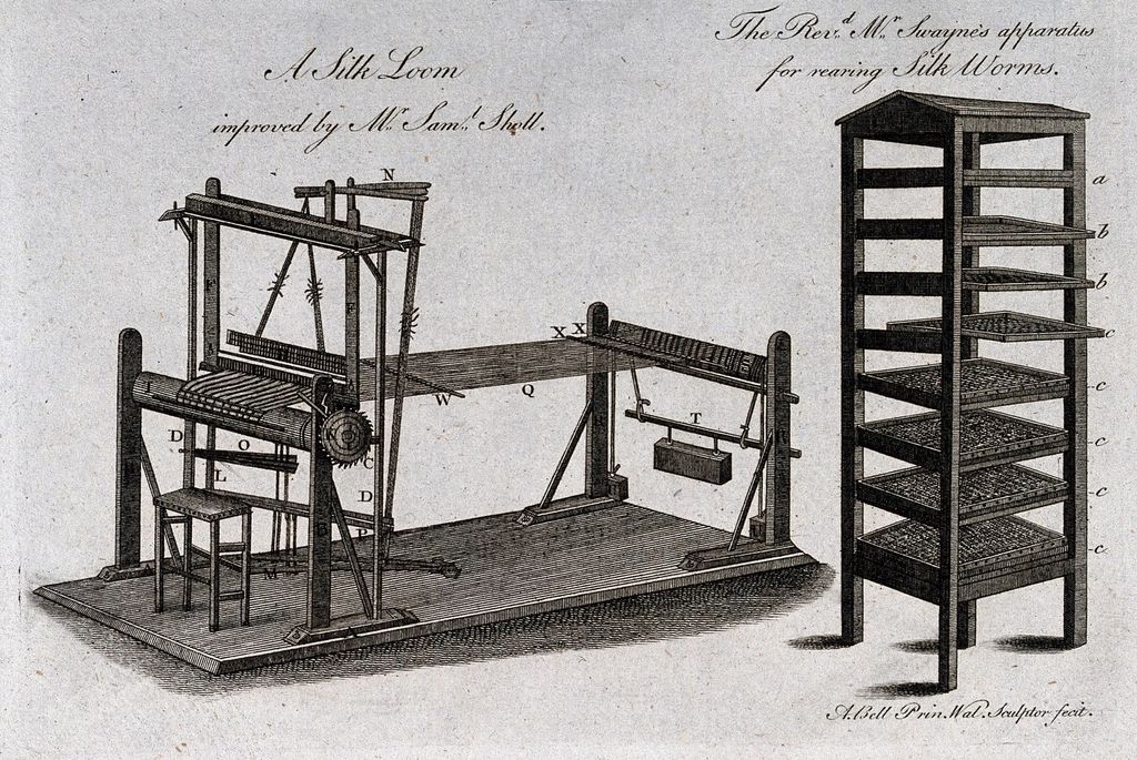 Engraving of a silk loom